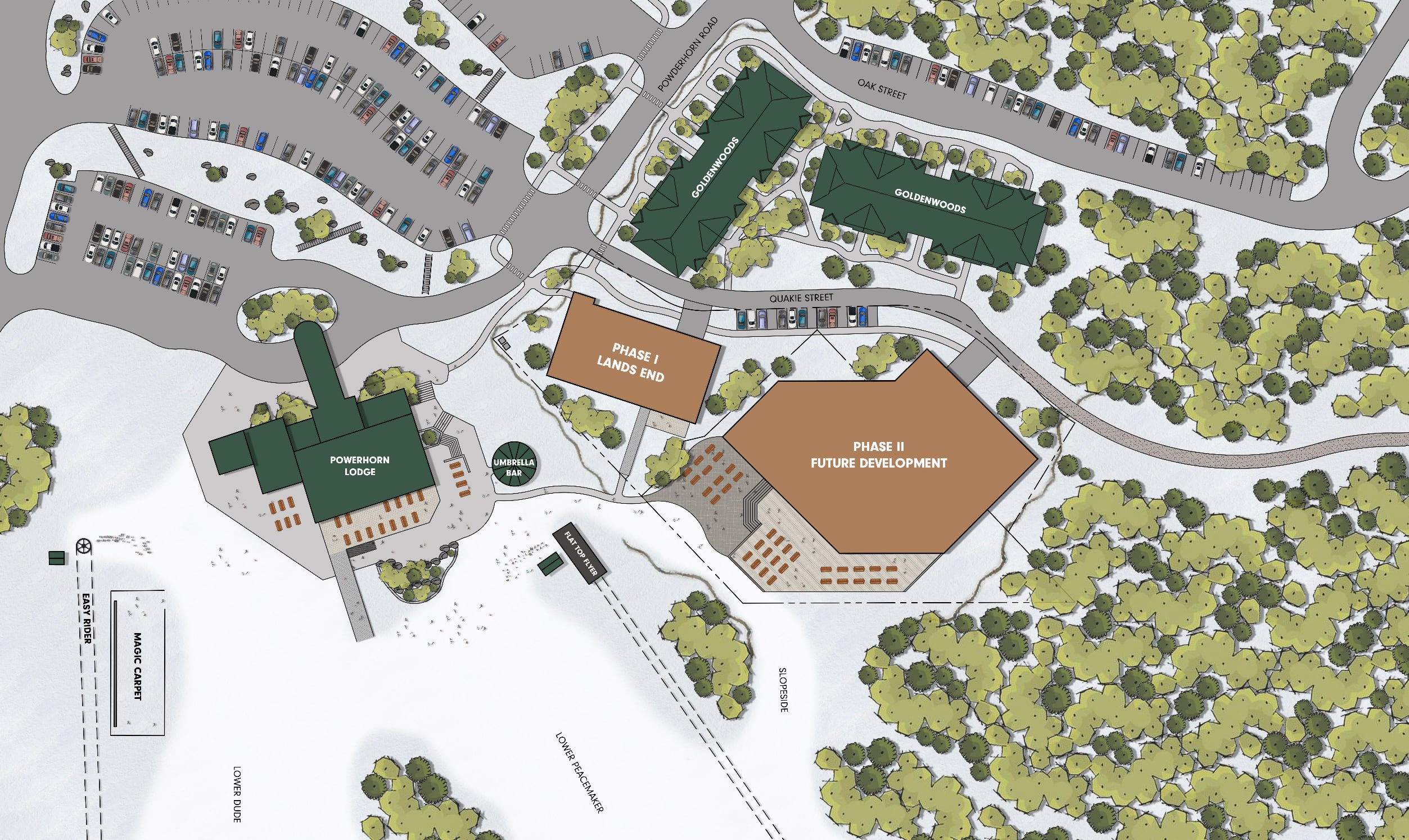Slopeside site plan showing Phase I Lands End and Phase II relative to Powderhorn Lodge and the Flat Top Flyer lift