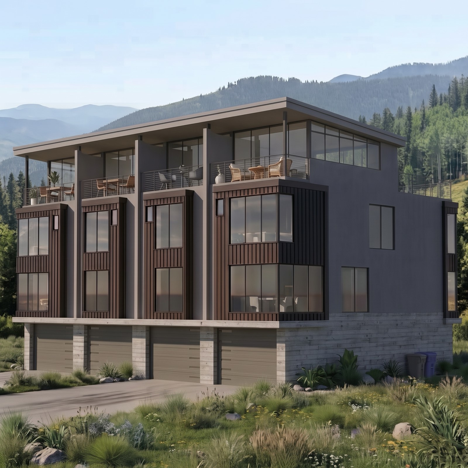 Skyway townhomes exterior, framed by the Grand Mesa — design rendering