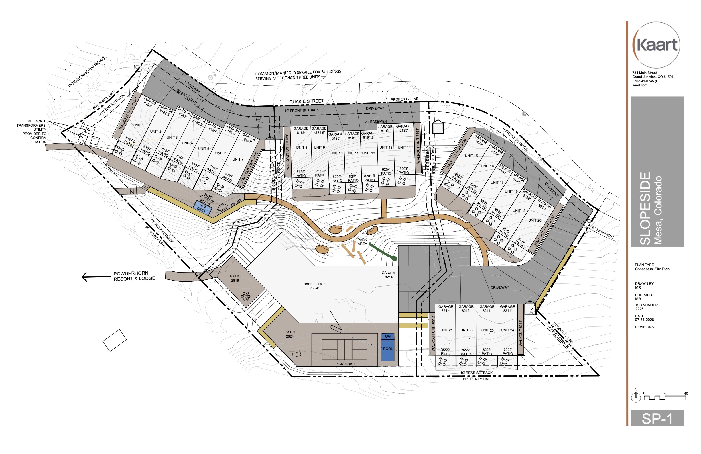 Slopeside conceptual site plan showing all 24 residences, garages, and walkouts arranged around the base lodge and amenities