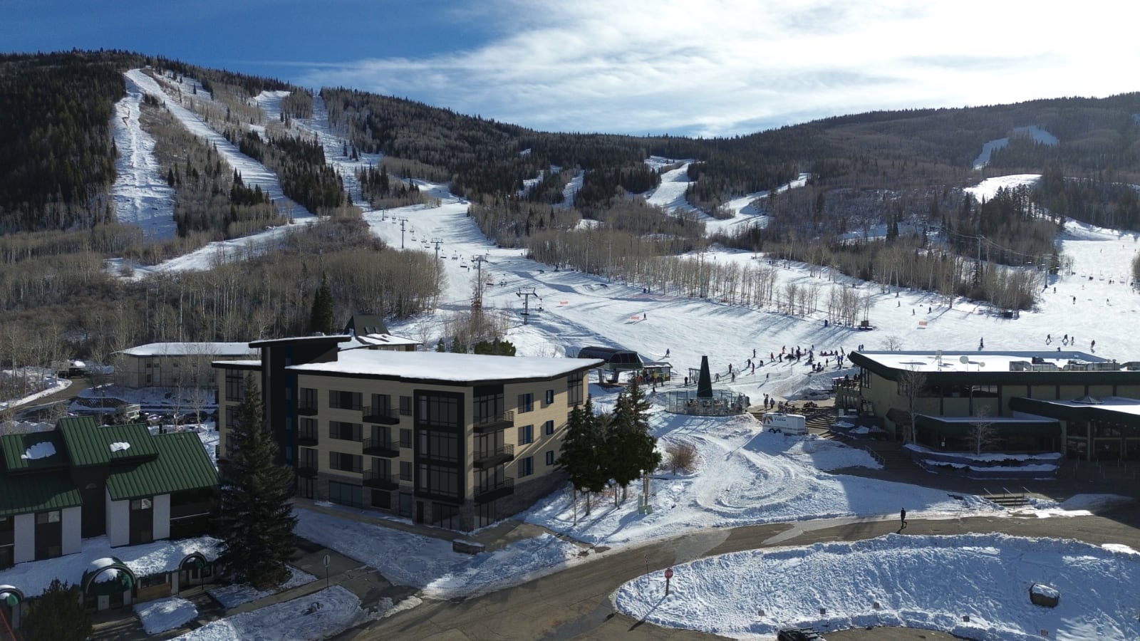 Lands End townhomes at the base of the Flat Top Flyer lift — design rendering