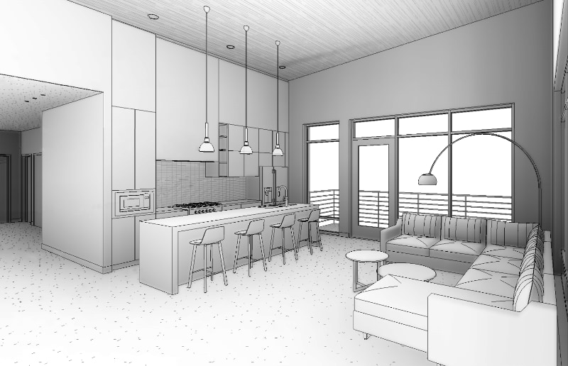 Kitchen and living space — interior design rendering