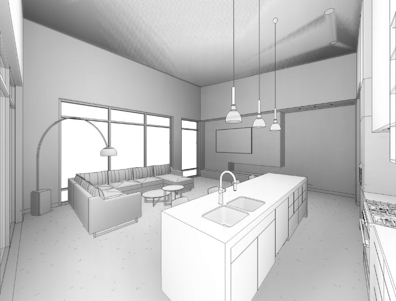Open-plan kitchen with island — interior design rendering
